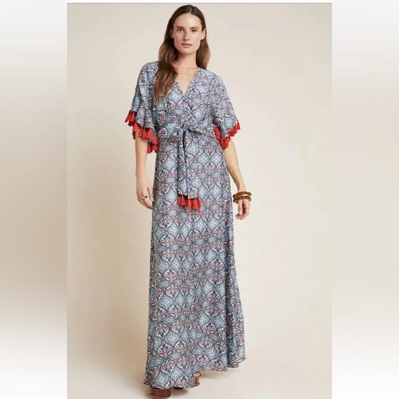 Anthropologie Sachin + Babi Maxi Dress Size 2 Tasseled Red Blue Abstract Satin - Picture 8 of 16